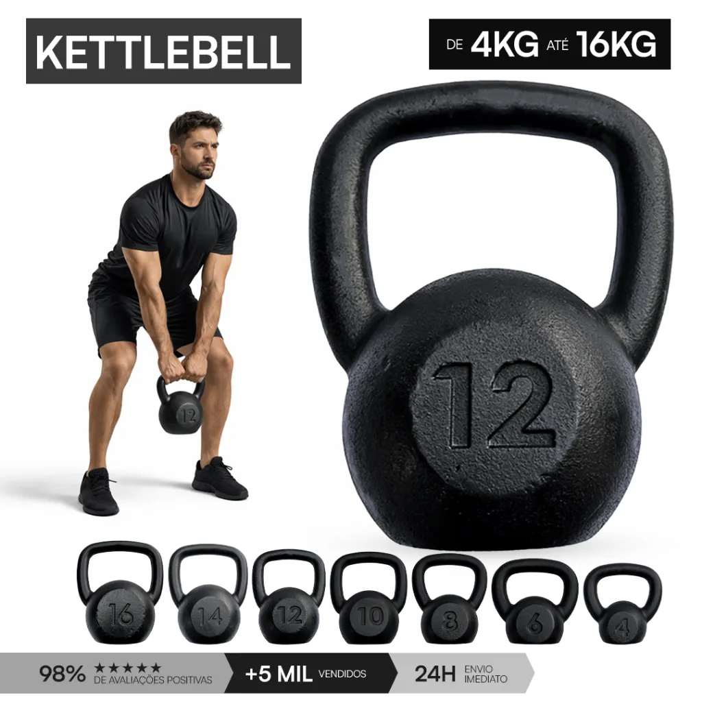 Kettlebell de ferro de 4kg a 16kg para treino funcional em casa