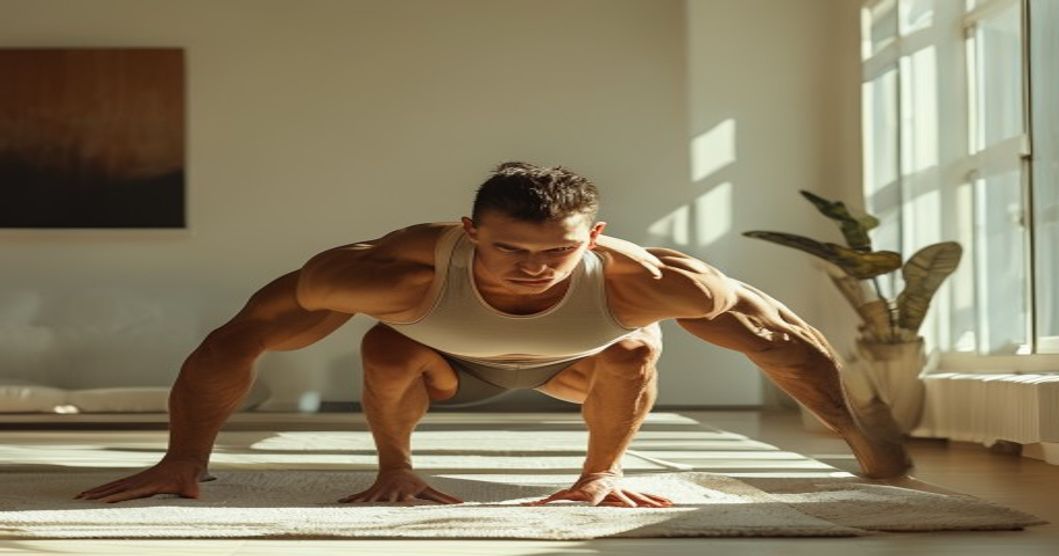 Foto editorial de uma pessoa executando flexão de braço em casa.