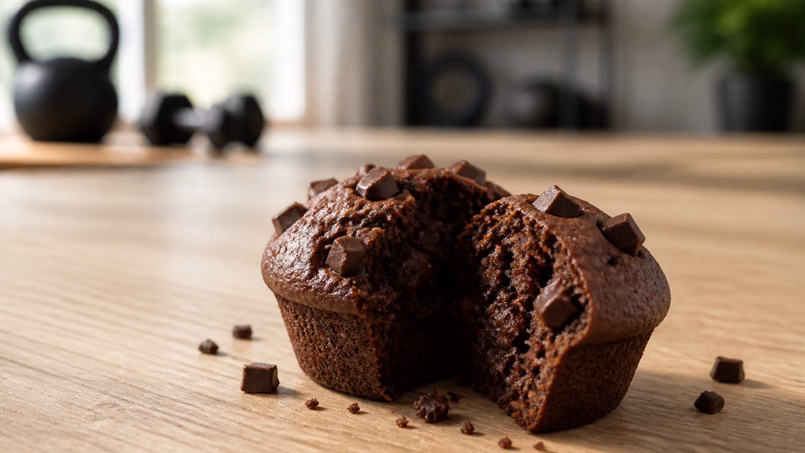 Muffin de chocolate aberto sobre mesa de madeira, com uma home gym desfocada ao fundo.