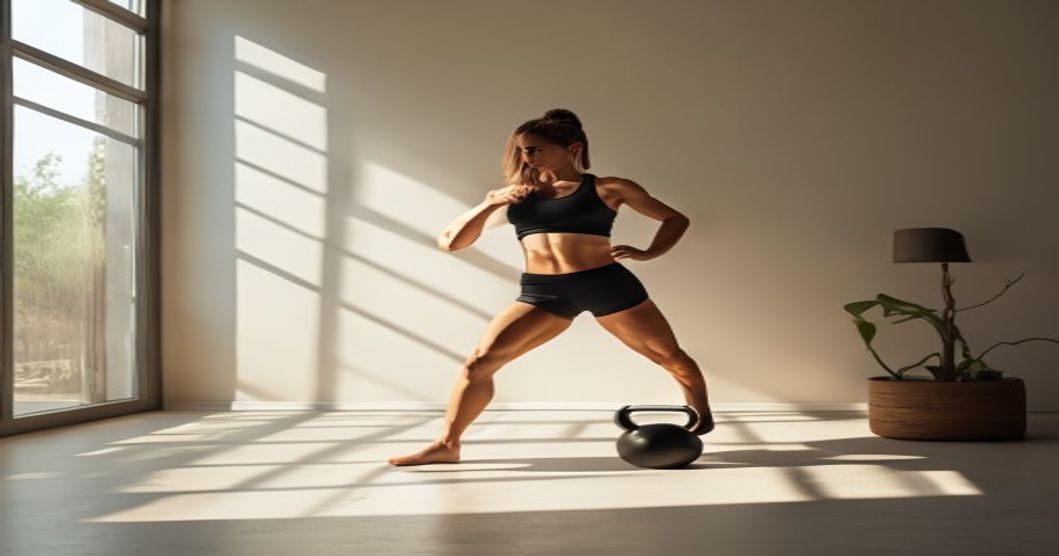 Foto editorial de uma pessoa executando kettlebell swing em casa.