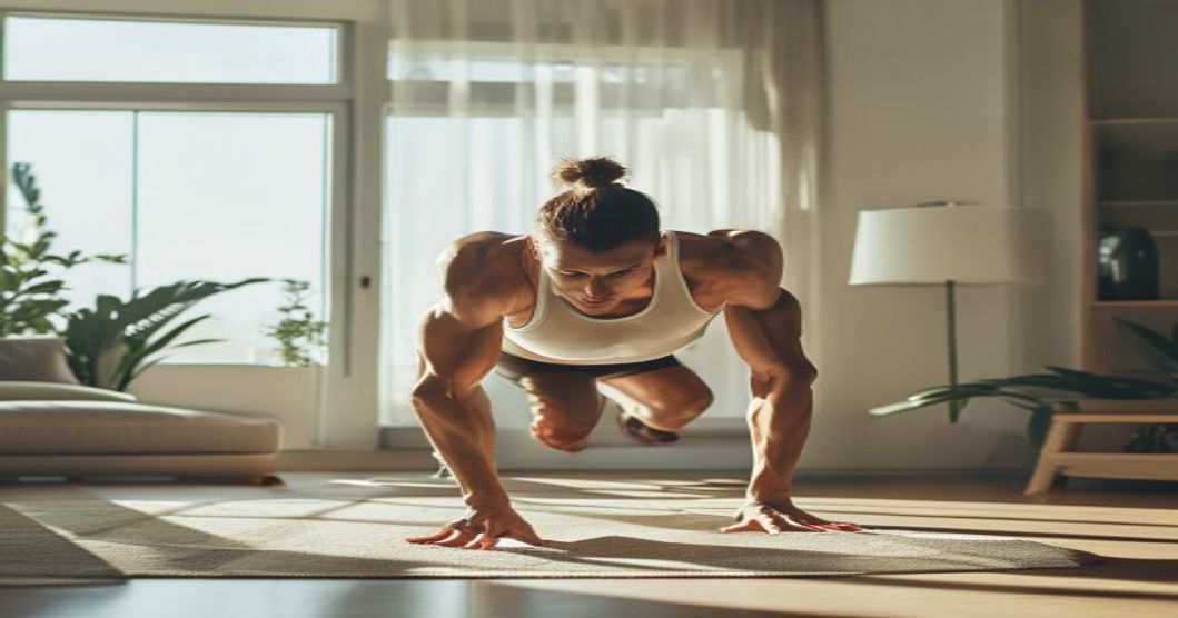 Foto editorial de uma pessoa executando pike push-up em casa.