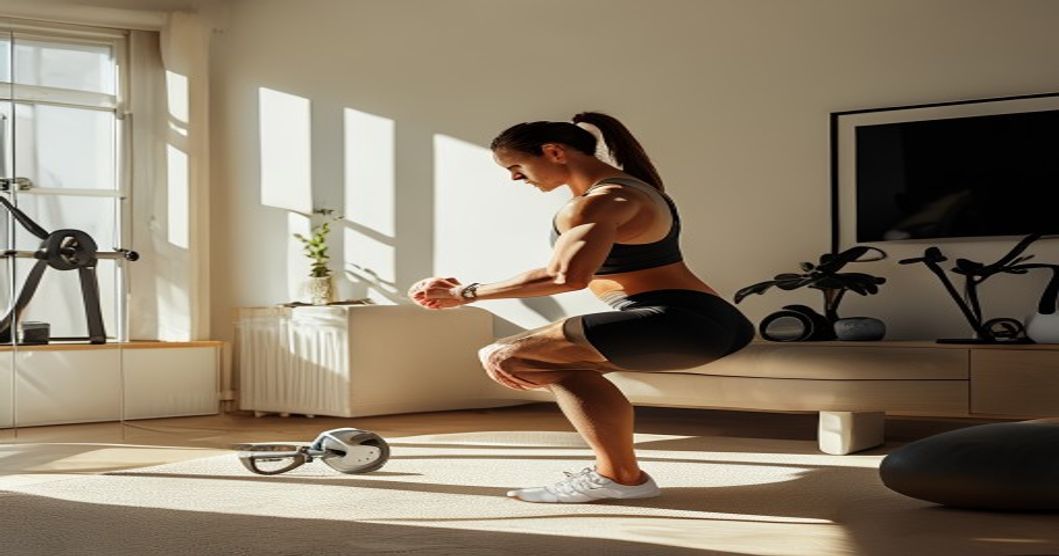 Foto editorial de um treino em casa montado com equipamento minimo.