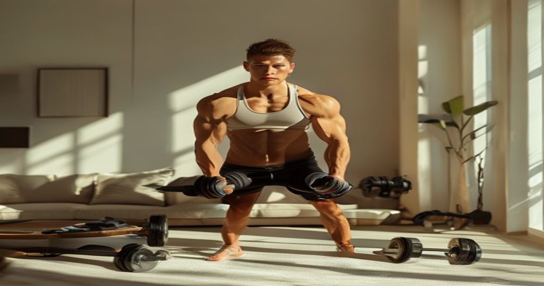 Foto editorial de treino de musculacao em casa com halteres.