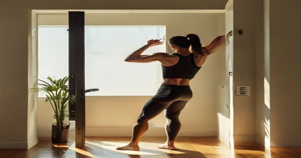 Foto editorial de uma pessoa executando barra fixa (pull-up) em casa.