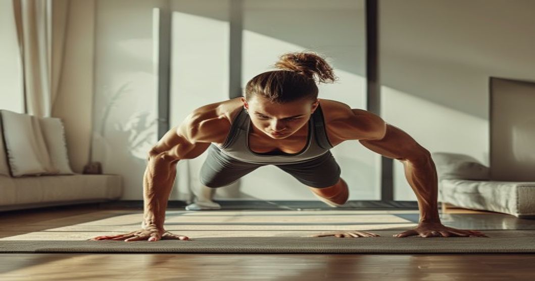 Foto editorial de uma pessoa executando burpee em casa.