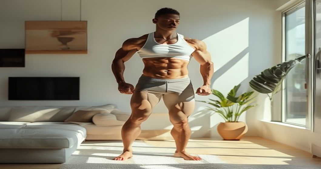 Foto editorial de uma pessoa executando elevação de panturrilha em casa.