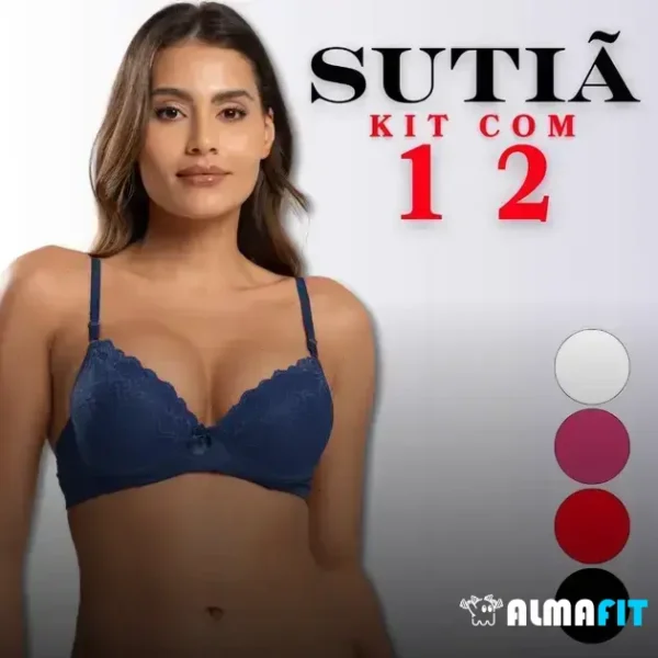 "Experimente o conforto e a sensualidade com o Kit 12 Sutiãs de Poliamida, com soutien de renda delicada e alças ajustáveis, a essência da moda premium para elevar sua autoestima diária."