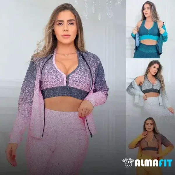 "Conquiste seu melhor look com o Conjunto Trio Fitness Feminino em Degradê: casaco bomber, calça legging e top com bojo removível - conforto e estilo para todas as suas atividades!"[5][4][3]
