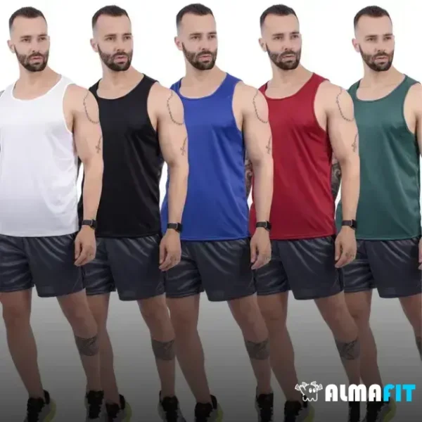 O "Kit 5 Camiseta Regata Masculina no Dry Premium Fitness para Treino e Academia" oferece um conjunto de camisetas feitas de 100% poliéster, com tecido leve e respirável, tecnologia Dry-Fit para rápida evaporação de suor, e várias cores disponíveis, garantindo conforto e performance ideal para exercícios intensos e atividades ao ar livre.